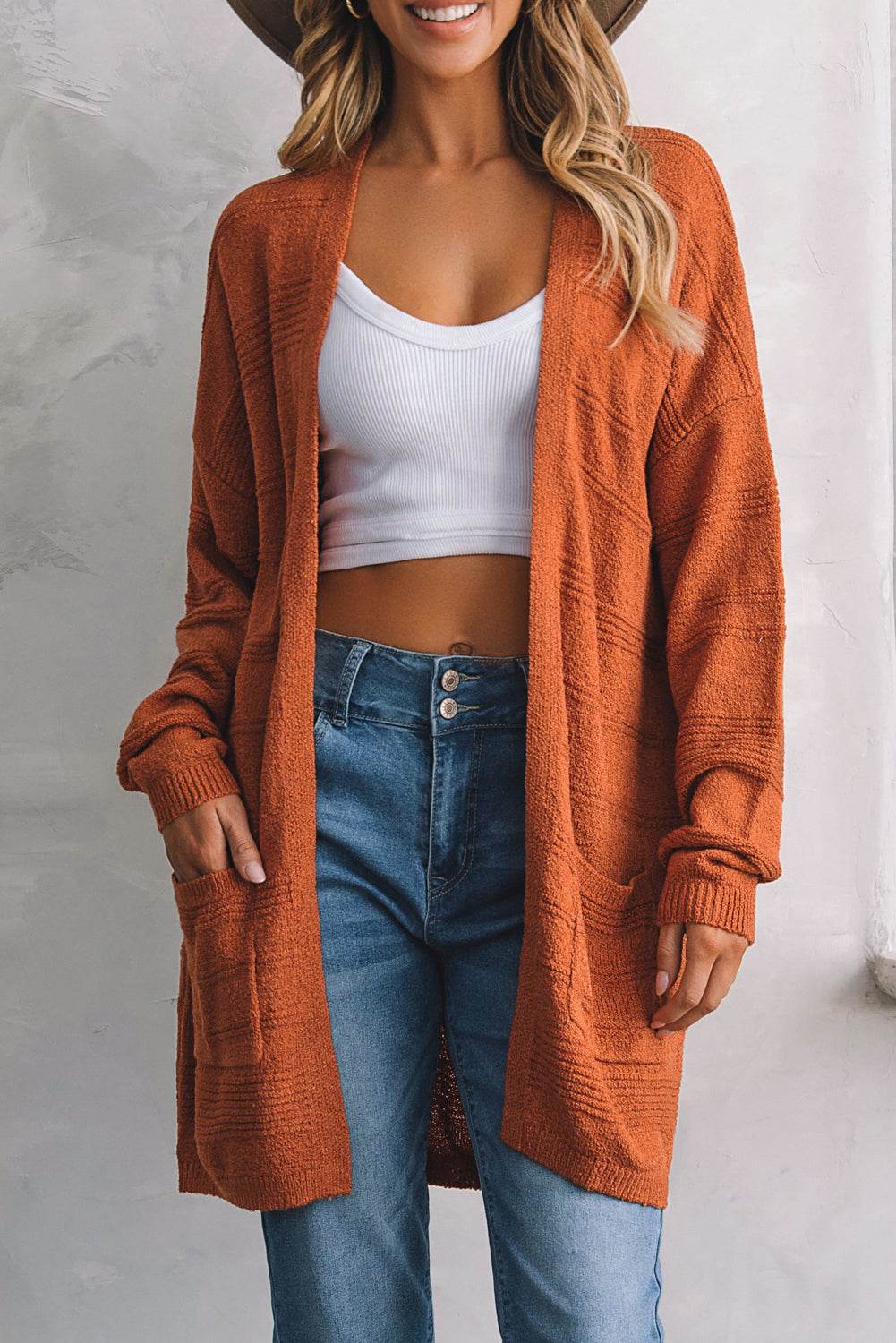 Open Front Textured Cardigan with Pockets for a perfect OOTD – dress to impress outfits from Amexza