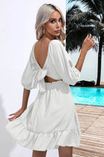 Square Neck Tie Back Ruffle Hem Dress - Amexza