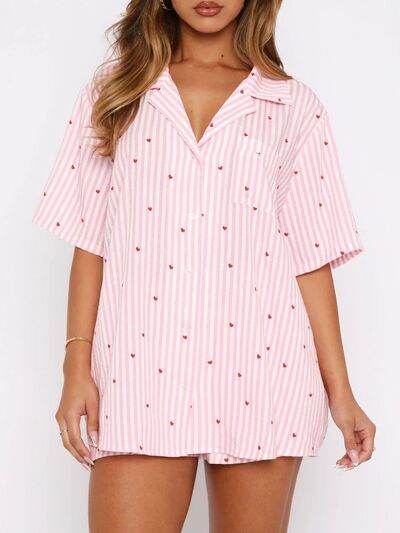 Valentine's Day Printed Collared Neck Short Sleeve Top and Shorts Set for a perfect OOTD – dress to impress outfits from Amexza