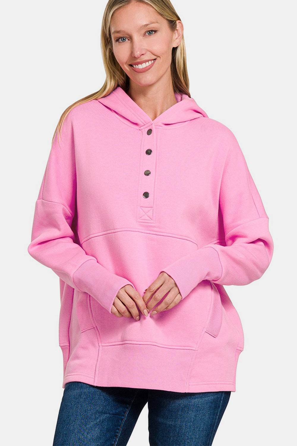 Zenana Half Snap Long Sleeve Hoodie with Kangaroo Pocket Fuchsia Pink for a perfect OOTD – dress to impress outfits from Amexza