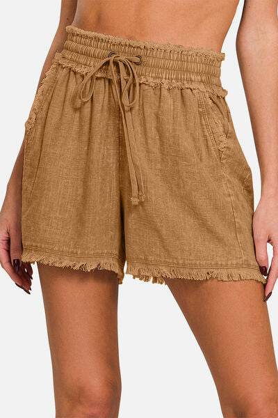 Zenana Washed Linen Frayed Hem Drawstring Shorts - Amexza