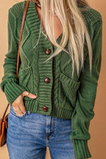 Cable-Knit Button Down V-Neck Cardigan - Amexza