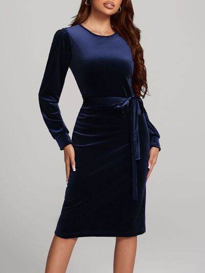 Round Neck Tie Waist Long Sleeve Velvet Dress Navy for a perfect OOTD – dress to impress outfits from Amexza