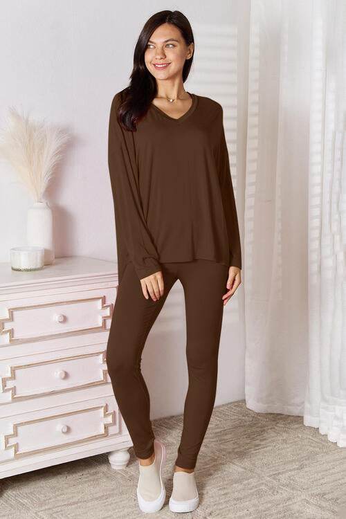 Basic Bae Full Size V-Neck Soft Rayon Long Sleeve Top and Pants Lounge Set for a perfect OOTD – dress to impress outfits from Amexza