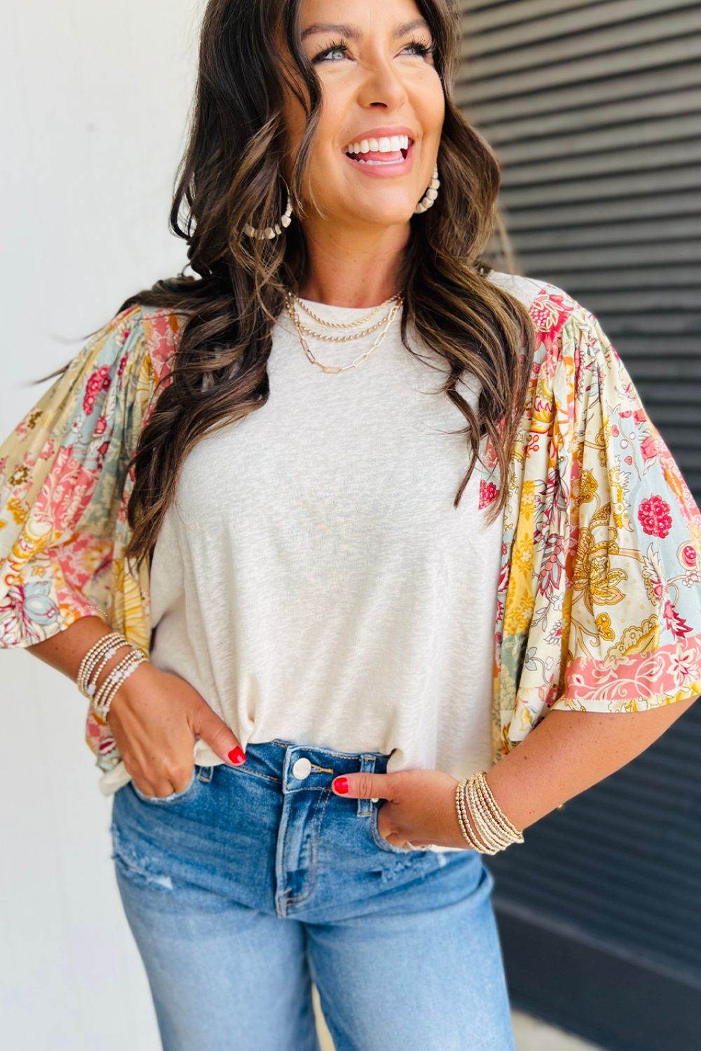 Printed Round Neck Flutter Sleeve Blouse for a perfect OOTD – dress to impress outfits from Amexza