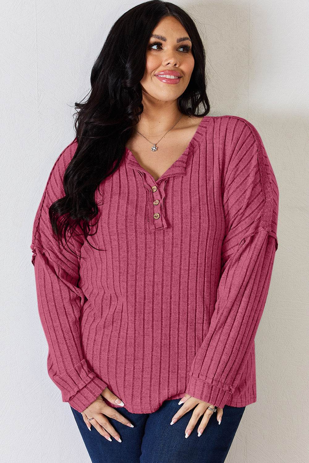 Basic Bae Full Size Ribbed Half Button Long Sleeve T-Shirt for a perfect OOTD – dress to impress outfits from Amexza