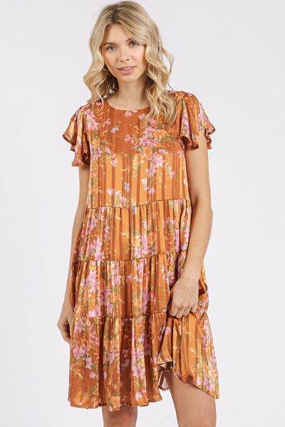 Mittoshop Flower Print Round Neck Flutter Sleeve Tiered Dress Caramel for a perfect OOTD – dress to impress outfits from Amexza