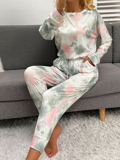 Shiny Tie-Dye Round Neck Top and Drawstring Pants Lounge Set for a perfect OOTD – dress to impress outfits from Amexza