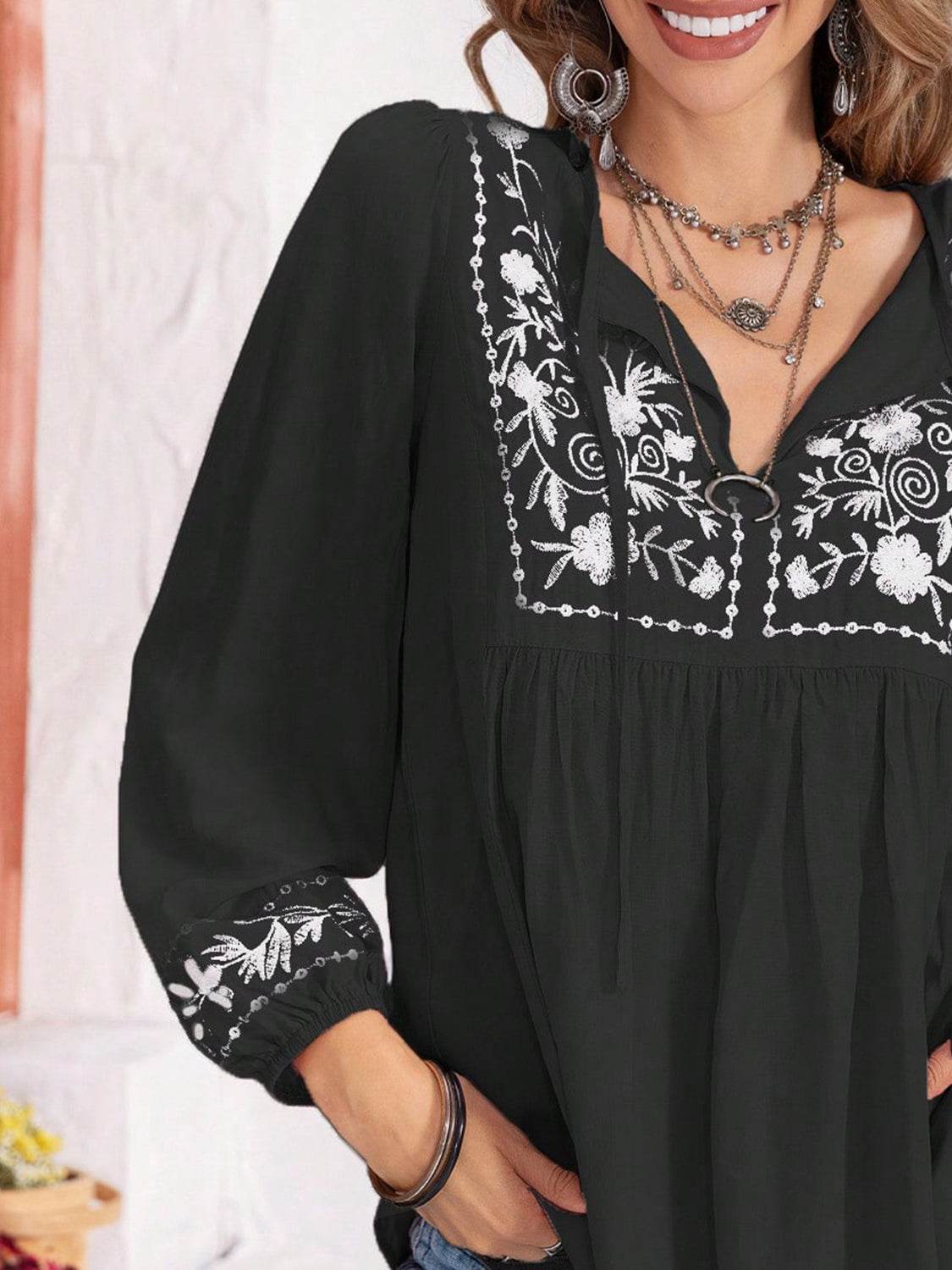 Floral Tie Neck Balloon Sleeve Blouse for a perfect OOTD – dress to impress outfits from Amexza