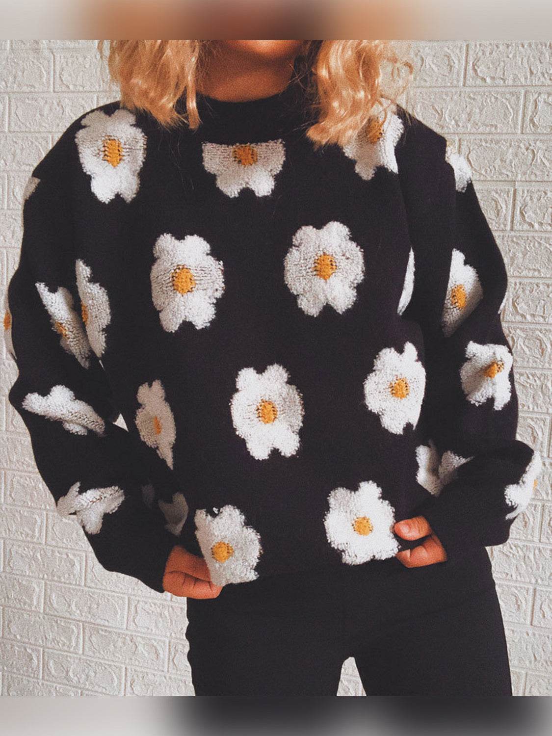 Flower Round Neck Long Sleeve Sweater Black for a perfect OOTD – dress to impress outfits from Amexza