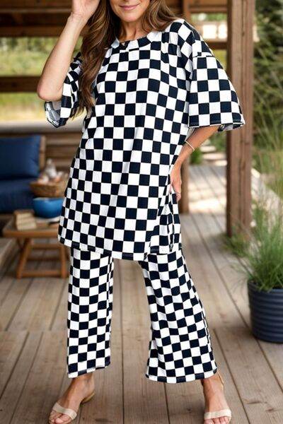 Checkered Round Neck Half Sleeve Top and Pants Set - Amexza