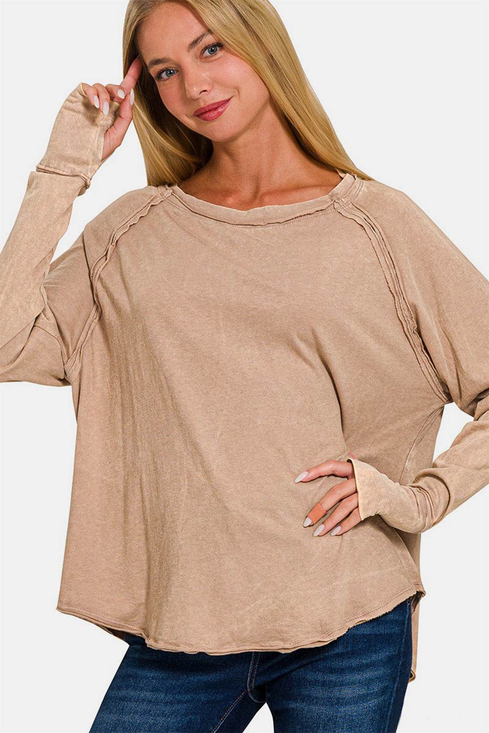 Zenana Round Neck Thumbhole Long Sleeve T-Shirt Ash Mocha for a perfect OOTD – dress to impress outfits from Amexza