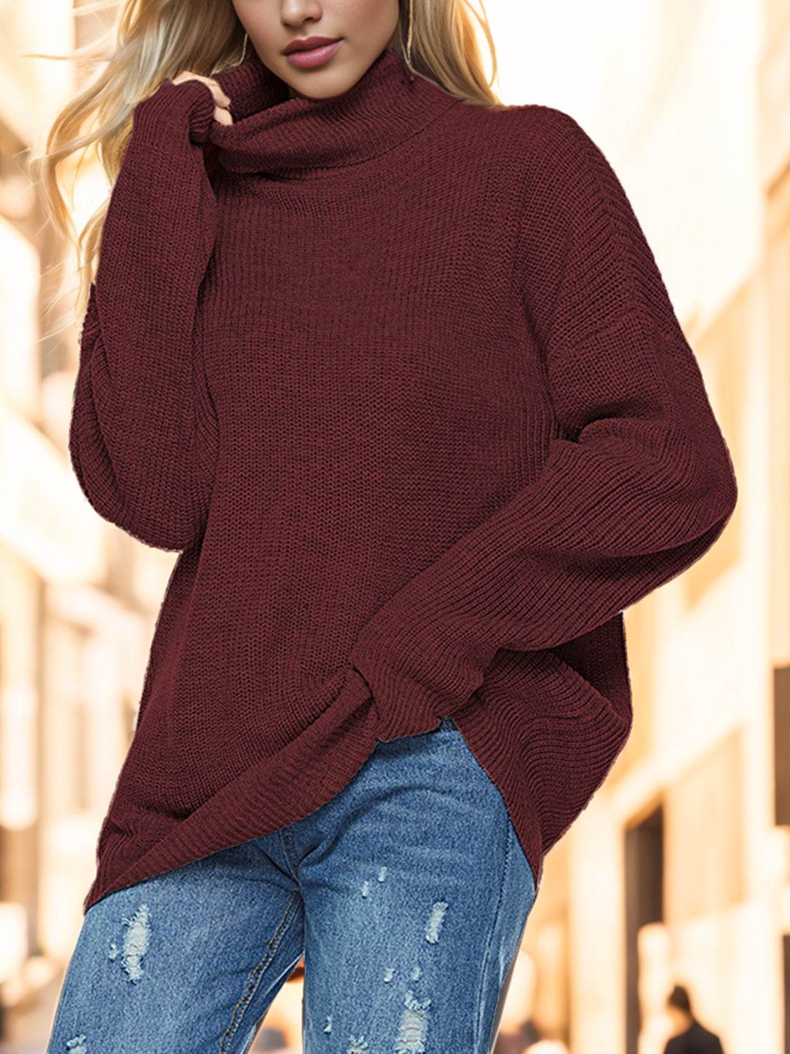 Turtleneck Drop Shoulder Long Sleeve Sweater Burgundy for a perfect OOTD – dress to impress outfits from Amexza