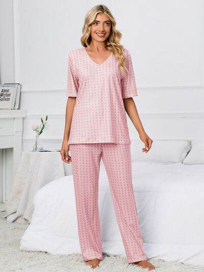 Printed V-Neck Top and Pants Lounge Set Dusty Pink for a perfect OOTD – dress to impress outfits from Amexza