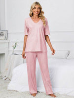Printed V-Neck Top and Pants Lounge Set Dusty Pink for a perfect OOTD – dress to impress outfits from Amexza
