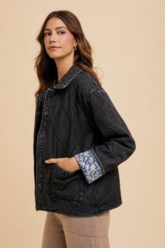 Annie Wear Quilted Printed Lining Snap Down Denim Jacket for a perfect OOTD – dress to impress outfits from Amexza