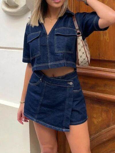 Johnny Collar Short Sleeve Top and Skort Denim Set for a perfect OOTD – dress to impress outfits from Amexza