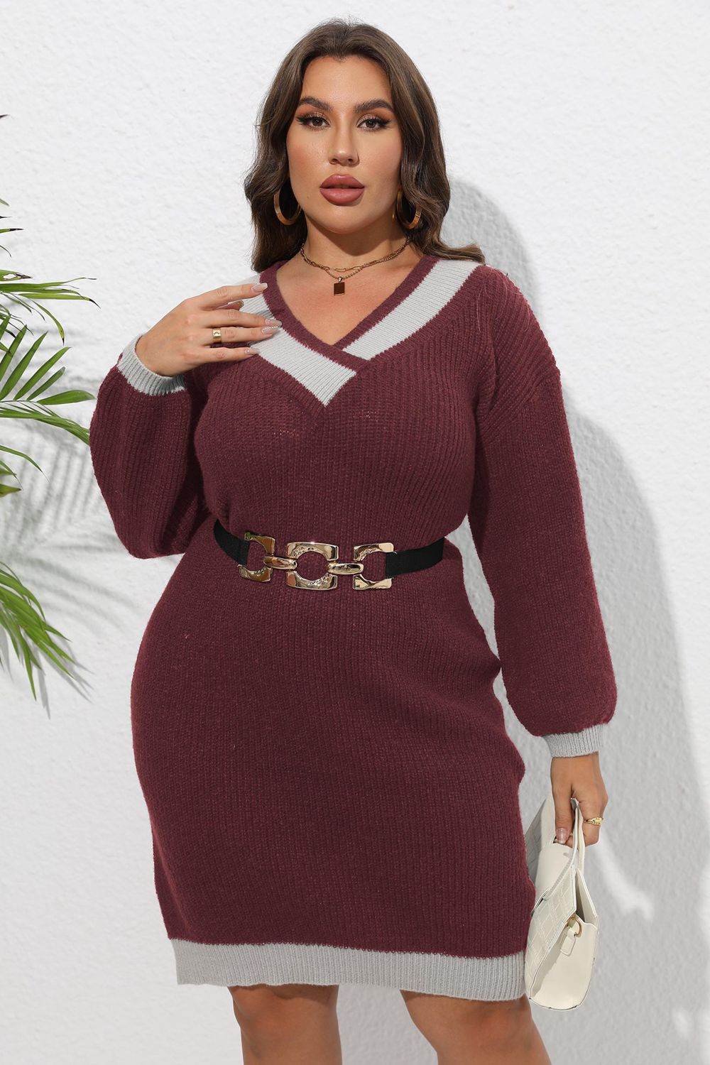 Plus Size Long Sleeve Sweater Dress Burgundy for a perfect OOTD – dress to impress outfits from Amexza