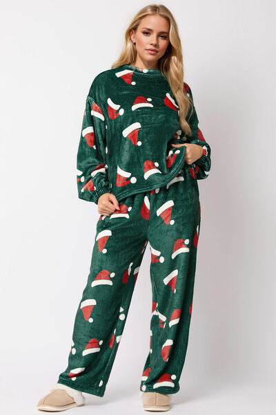 Christmas Hat Pattern Round Neck Long Sleeve Top and Pants Set Dark Green for a perfect OOTD – dress to impress outfits from Amexza