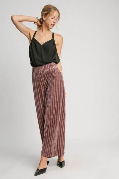 Umgee Full Size Elastic Waist Striped Wide Leg Velvet Pants for a perfect OOTD – dress to impress outfits from Amexza