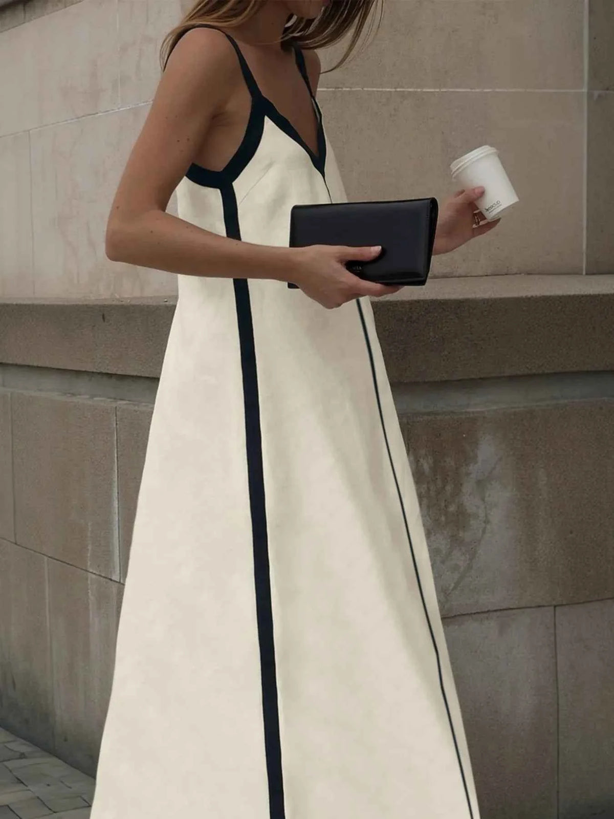 Contrast Trim V-Neck Maxi Dress