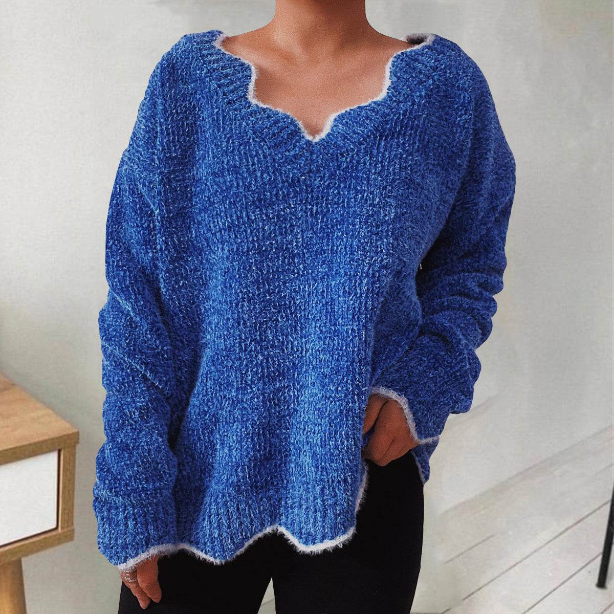 V-Neck Drop Shoulder Long Sleeve Sweater Royal Blue for a perfect OOTD – dress to impress outfits from Amexza