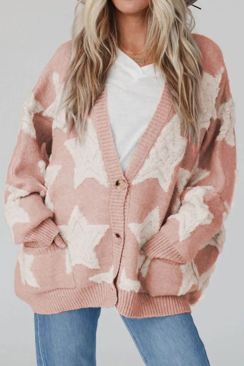 Star Button Up Long Sleeve Cardigan Dusty Pink for a perfect OOTD – dress to impress outfits from Amexza