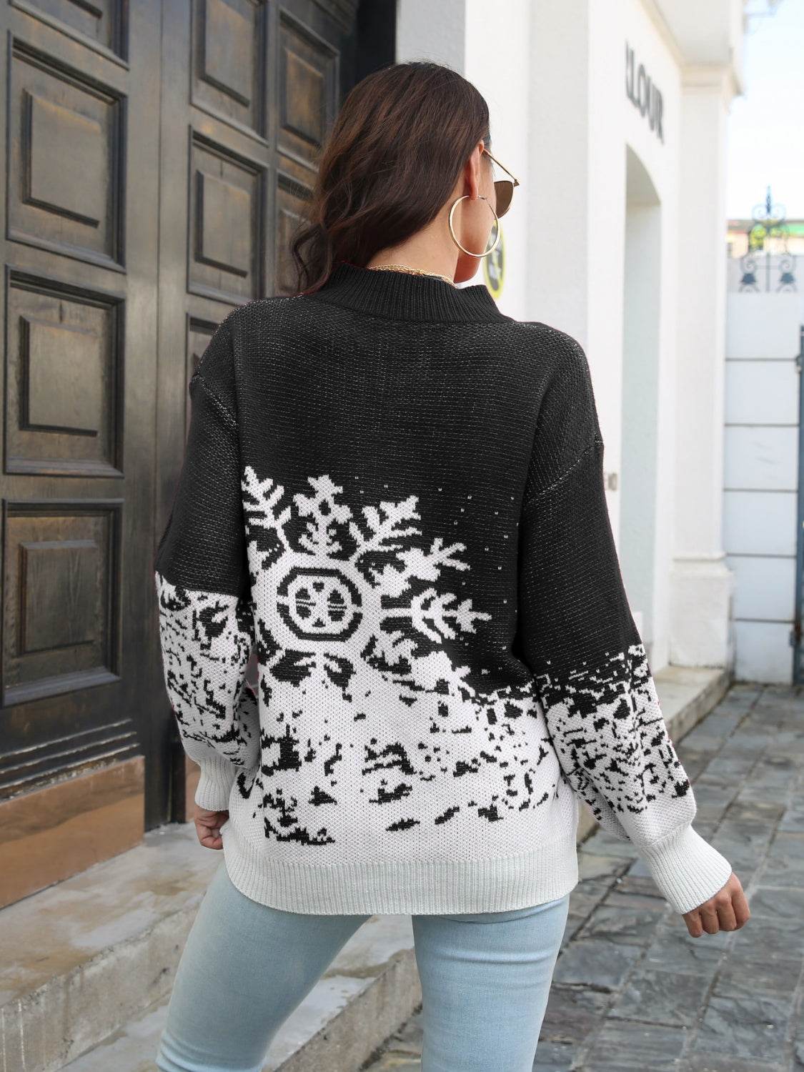 Snowflake Pattern Mock Neck Sweater for a perfect OOTD – dress to impress outfits from Amexza