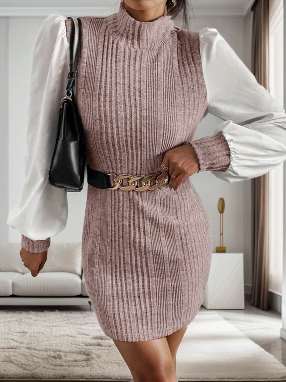 Ribbed Contrast Long Sleeve Sweater Dress - Amexza