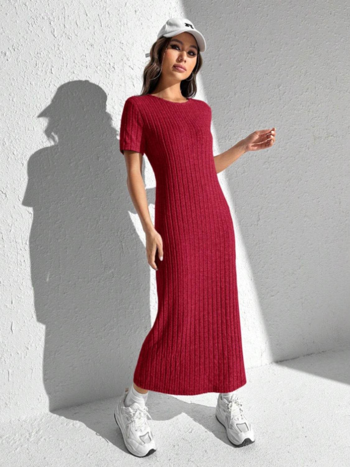 Slit Round Neck Short Sleeve Sweater Dress Scarlet for a perfect OOTD – dress to impress outfits from Amexza