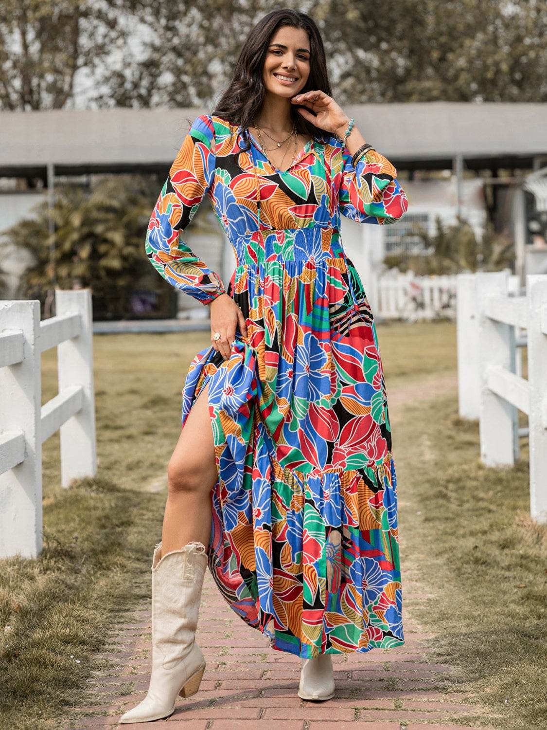 Printed Smocked Tie Neck Balloon Sleeve Maxi Dress Multicolor for a perfect OOTD – dress to impress outfits from Amexza