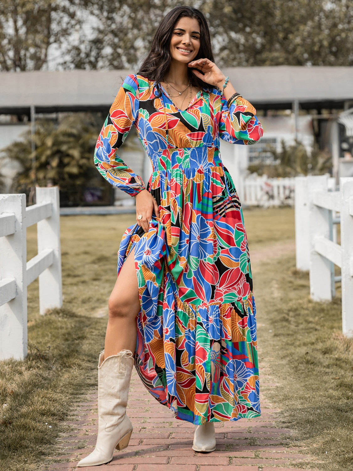 Printed Smocked Tie Neck Balloon Sleeve Maxi Dress - Multicolor / S