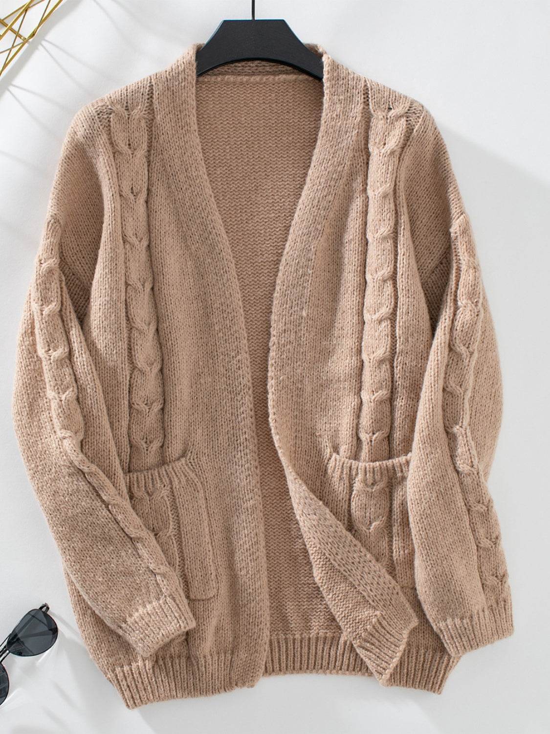 Cable-Knit Open Front Long Sleeve Cardigan Tan for a perfect OOTD – dress to impress outfits from Amexza