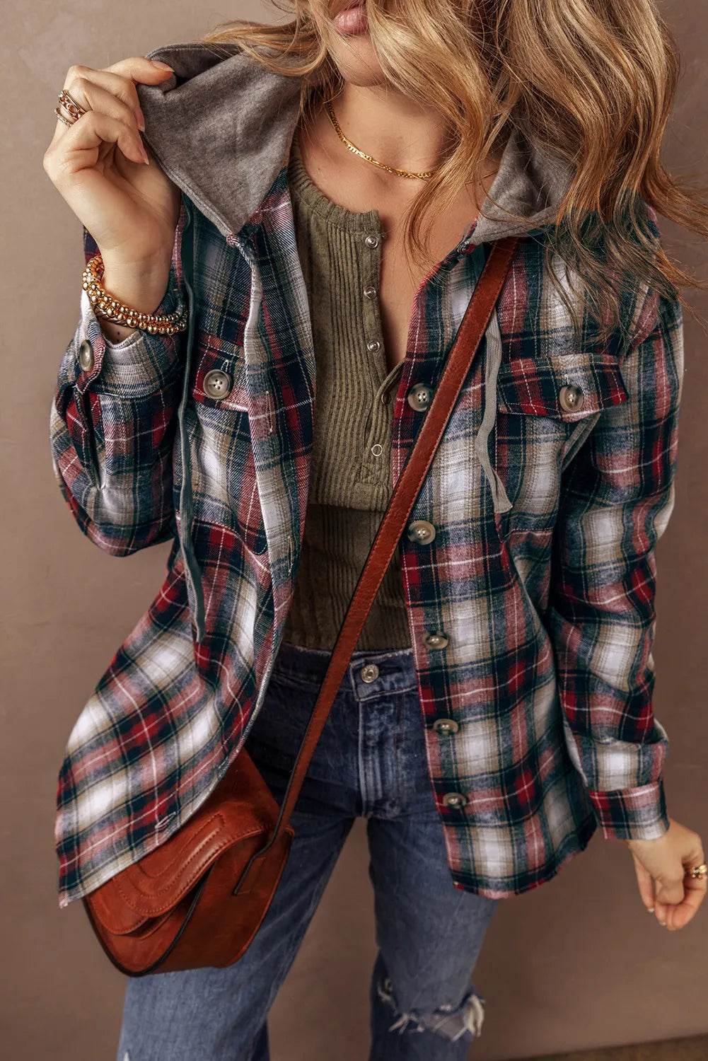 Drawstring Plaid Button Up Hooded Shacket for a perfect OOTD – dress to impress outfits from Amexza