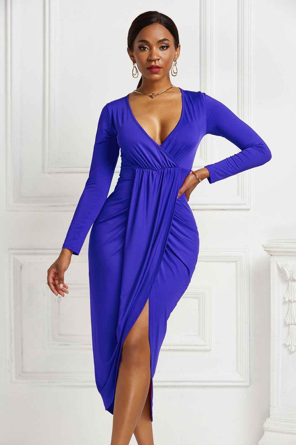 High-low Ruched Surplice Long Sleeve Dress for a perfect OOTD – dress to impress outfits from Amexza