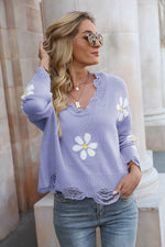 Flower Distressed Long Sleeve Sweater for a perfect OOTD – dress to impress outfits from Amexza