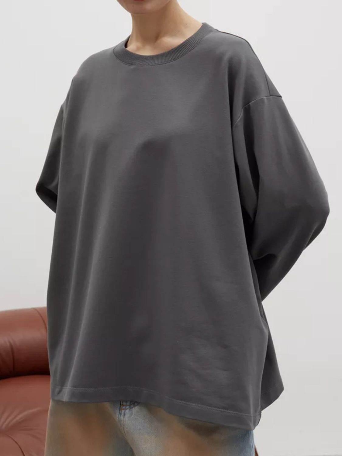 Round Neck Dropped Shoulder Long Sleeve T-Shirt Dark Gray for a perfect OOTD – dress to impress outfits from Amexza