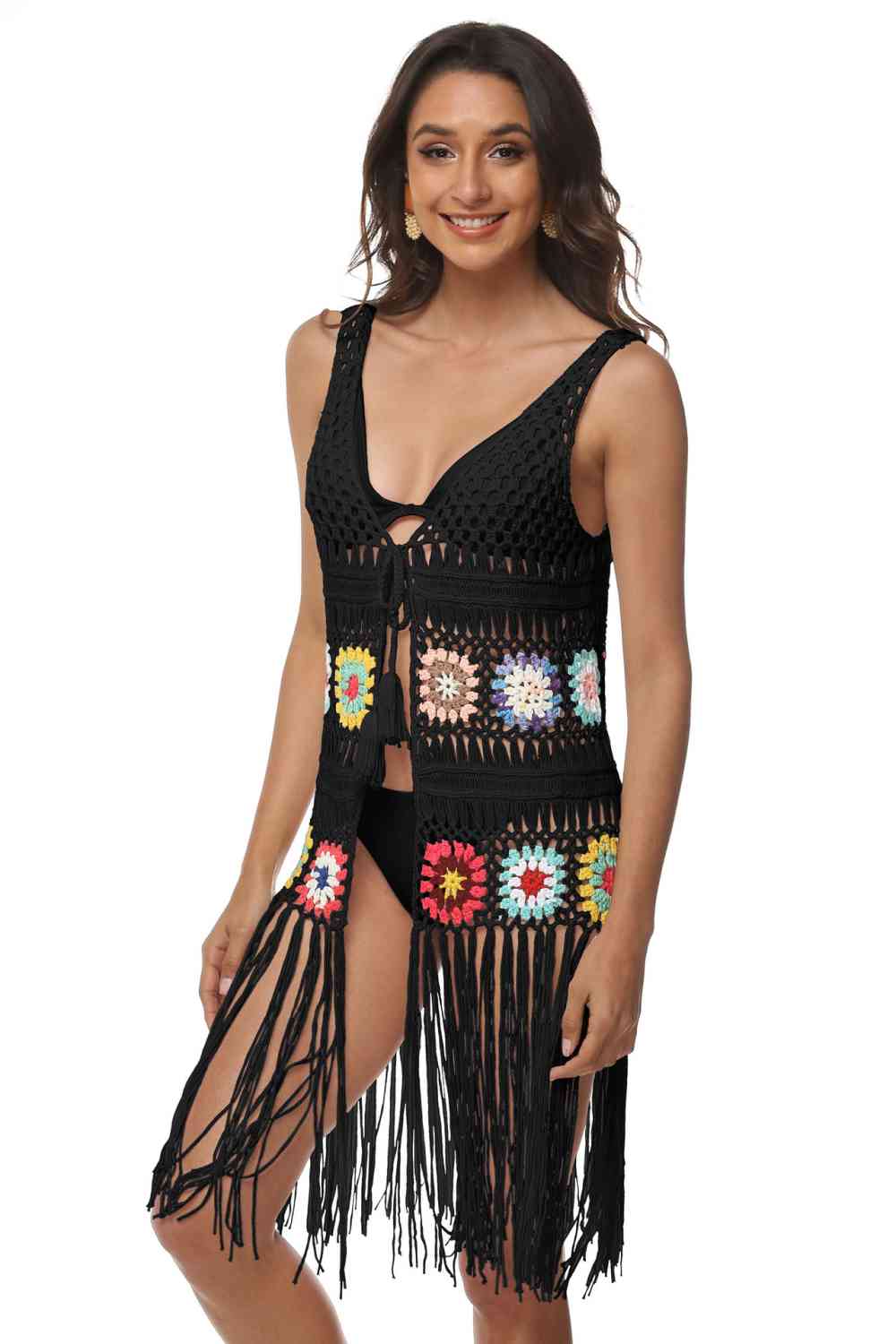 Openwork Fringe Detail Embroidery Sleeveless Cover-Up for a perfect OOTD – dress to impress outfits from Amexza