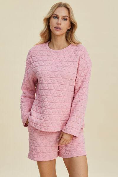 Double Take Full Size Texture Round Neck Long Sleeve Top and Shorts Set for a perfect OOTD – dress to impress outfits from Amexza