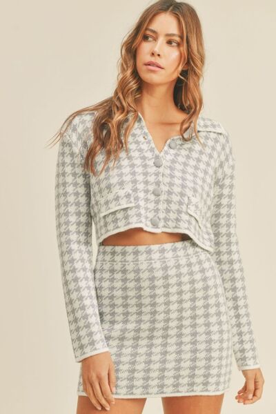 MABLE Houndstooth Cropped Knit Cardigan and Mini Skirt Set Blue for a perfect OOTD – dress to impress outfits from Amexza