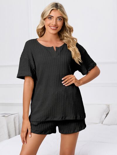 Notched Short Sleeve and Shorts Lounge Set Black for a perfect OOTD – dress to impress outfits from Amexza