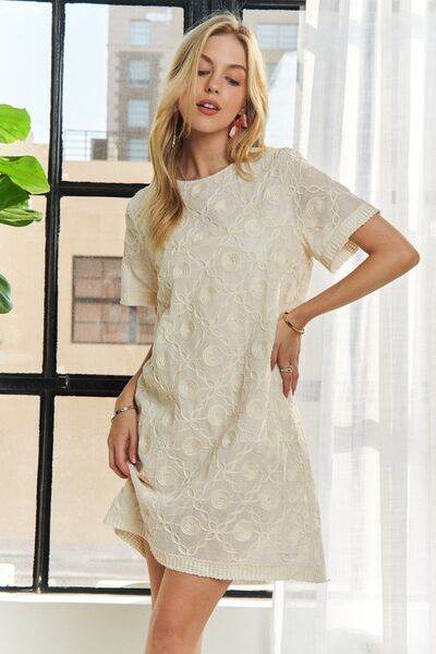 ADORA Applique Round Neck Short Sleeve Shift Dress Beige for a perfect OOTD – dress to impress outfits from Amexza