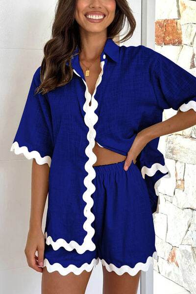 Contrast Trim Half Sleeve Top and Shorts Set Royal Blue for a perfect OOTD – dress to impress outfits from Amexza