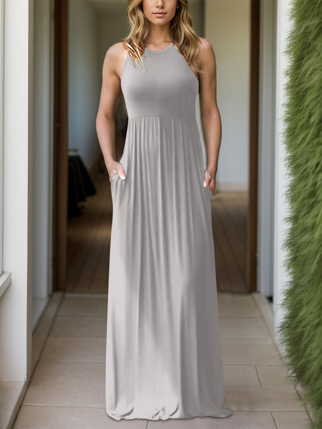 Full Size Grecian Neck Dress with Pockets - Light Gray / S