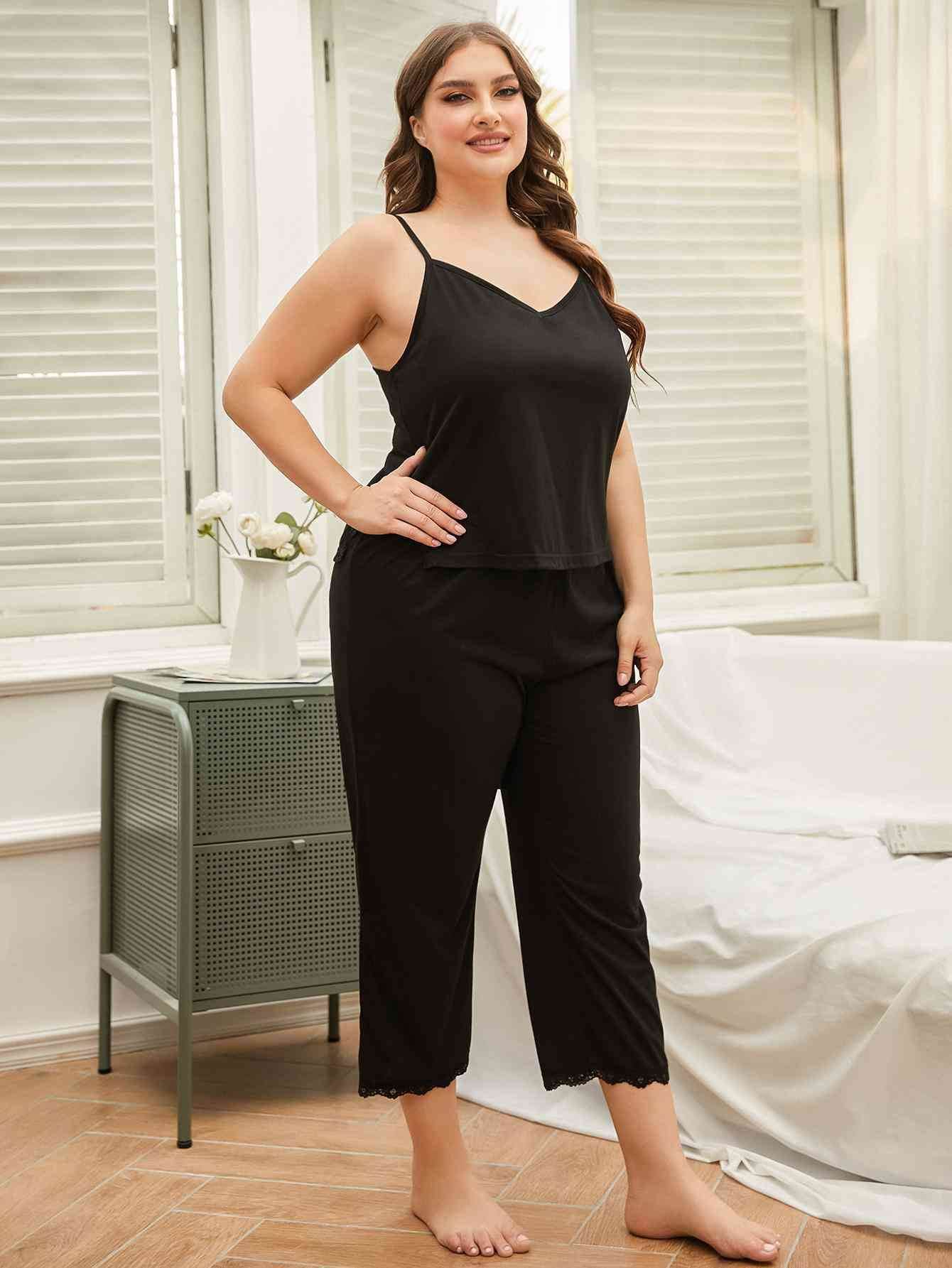 Plus Size Lace Trim Slit Cami and Pants Pajama Set for a perfect OOTD – dress to impress outfits from Amexza