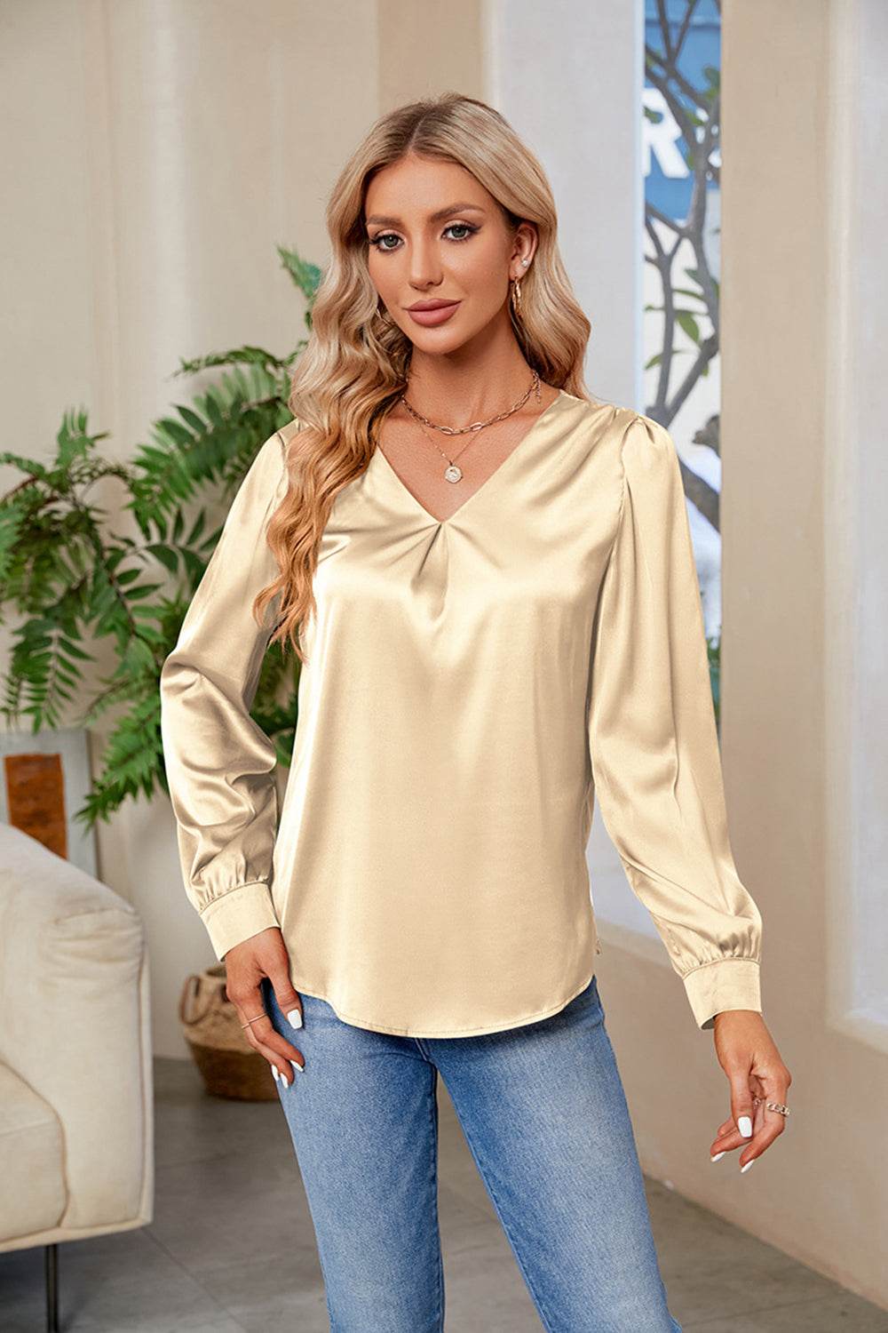 V-Neck Long Sleeve Top - Amexza