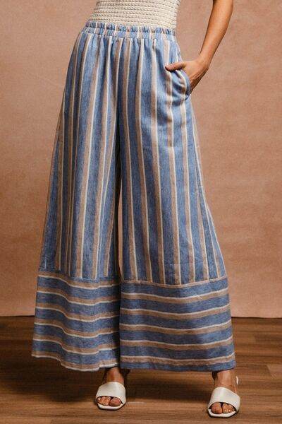 BiBi Striped Wide Leg Pants with Pockets - Amexza