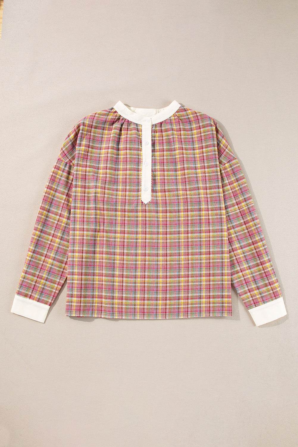 Mulit-Color Plaid Round Neck Long Sleeve Blouse for a perfect OOTD – dress to impress outfits from Amexza