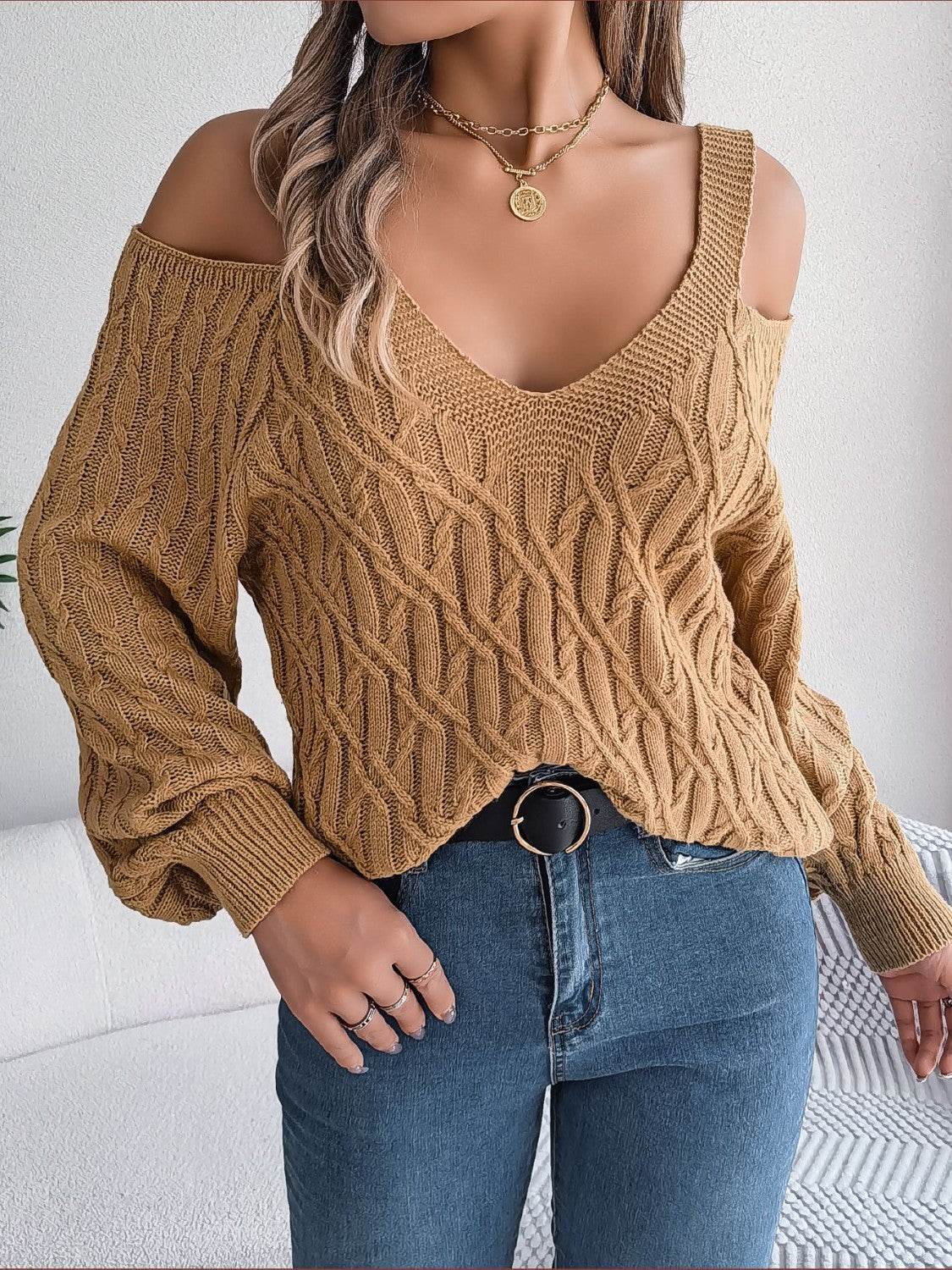Cable-Knit Cold Shoulder Long Sleeve Sweater for a perfect OOTD – dress to impress outfits from Amexza
