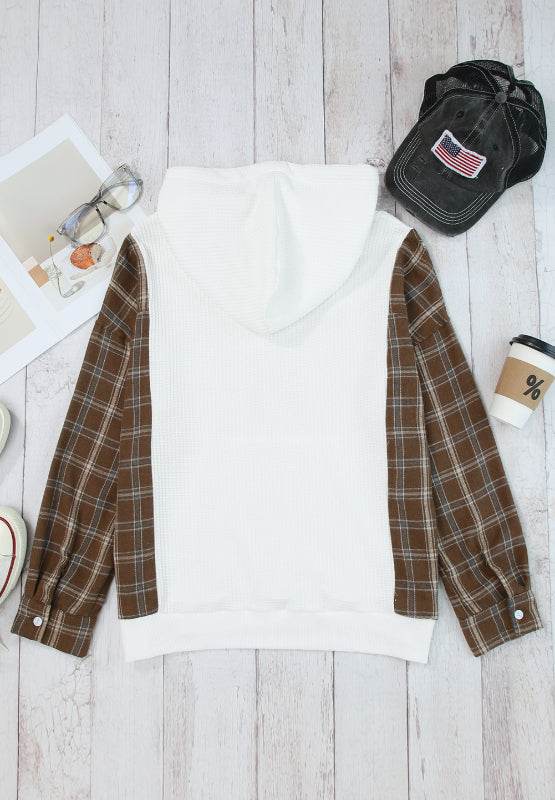 Waffle Knit Plaid Long Sleeve Kangaroo Pocket Hoodie for a perfect OOTD – dress to impress outfits from Amexza